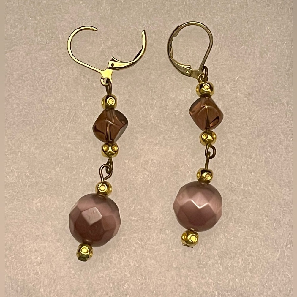 Vintage Pink Beaded Dangle Earrings Gold Leverback Minimalist Boho Drop Jewelry